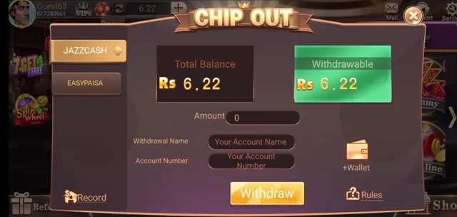 3 Patti Blue withdrawal screen with JazzCash and Easypaisa account name and number fields