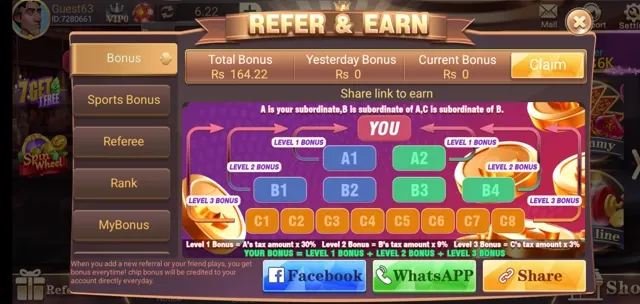 3 Patti Blue refer and earn page showing the three level referral bonus structure
